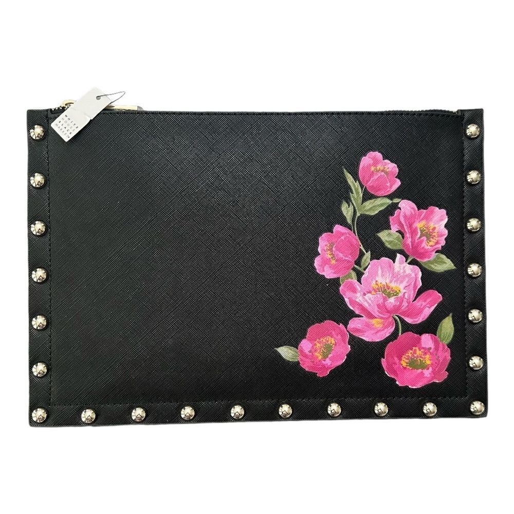 White House Black Market Floral Studded Wristlet Clutch Bag Black Pink Large